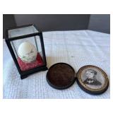 Handpainted egg in case and vintage picture
