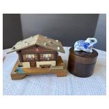 Vintage music box and trinket jar with blue w