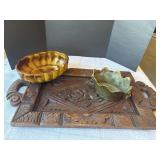 Wooden carved tray, brass planter, vintage planter
