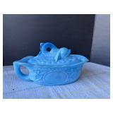 FBlue Milk Glass Dolphin Covered Dish