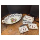 Vintage porcelain dish and ashtrays w/holder