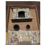 Miniature fireplace, rug, buckets