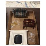 Miniature fireplace, couch, etc.