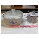 Corningware and blue/white pottery