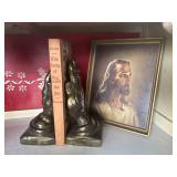 Heavy brass hand book ends, book, Jesus litho
