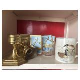 Duck cards, mug and brass candlestick holders