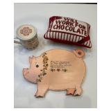 Needlepoint pillow, mug, Pig