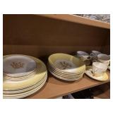 MCM autumn, gold tea, cups, saucers, plates, bowls