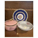 Pink covered dish and vintage rose plates