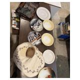 Vtg dishes, coasters, plate stands, etc.