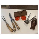 Carved knives/antlers, bushnell glasses, etc
