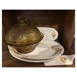 Amber covered dish and vrg platters, etc