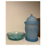 Blue apothecary jar, and bowl