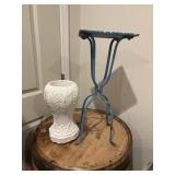 Small concrete planter and iron plant stand