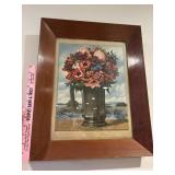 Vtg flower print in large wooden frame