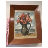 Vtg flower print in large wooden frame
