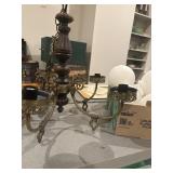 MCM brass and wood chandelier with globes