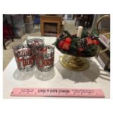 Vintage Christmas glasses and brass candlestick