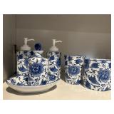 Blue and white bathroom dishes