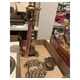 Brass candlestick, trivet, basket