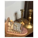 Brass candlestick holders and bookend (chipped)