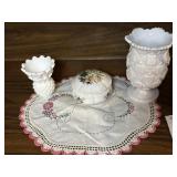 Vtg linen, milk glass and trinket jar