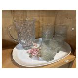 Vtg tray, cut glass pitcher and mcm glasses
