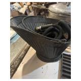 Galvanized, coal  bucket, and water hose