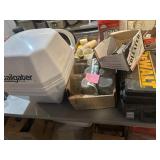 2 empty DeWalt cases, grease gun, nails, jars,