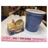 Blue stoneware, croc, and vintage planter(age