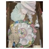 Egg plate, Vtg linens, etc