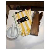 Morter and pestle, vtg towels, etc