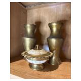Brass vases and trinket dish w/mother of pearl