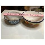 Three vintage enamel wear bowls, one turquoise,