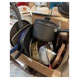 Box lot of miscellaneous kitchen tools, pans,