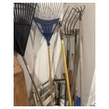 Large lot garden tools, hoes, rakes, pitchfork,