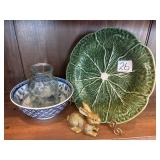 9 inch green cabbage plate, blue bowl, rabbit,
