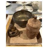 Vintage brass and carved wood decorative pieces,