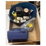 Lot, air compressors, oil, tin cans, etc