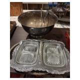 Five piece, silver plated bowl, candle snuffers,