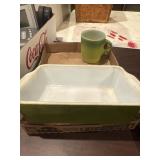 Avocado green Pyrex baking dish, some paint loss