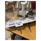 2 silver tone steel desk lamps and tilting tv