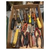 Box lot, tools, pliers, screwdrivers, etc.