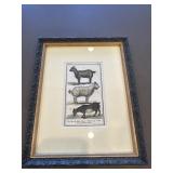 Framed artwork, hand colored copper plate,