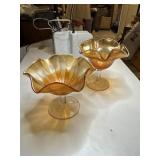 Two vintage marigold carnival glass pedestal