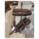2 primitive, wooden wood working clamps, vise