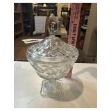 Vintage clear pressed glass covered compote, L.E.