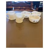 Three fire king milk glass BC comic bowls, and