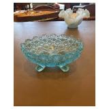 Vintage aqua blue pressed glass footed bowl, LG