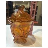 Antique Marigold Carnival glass covered candy